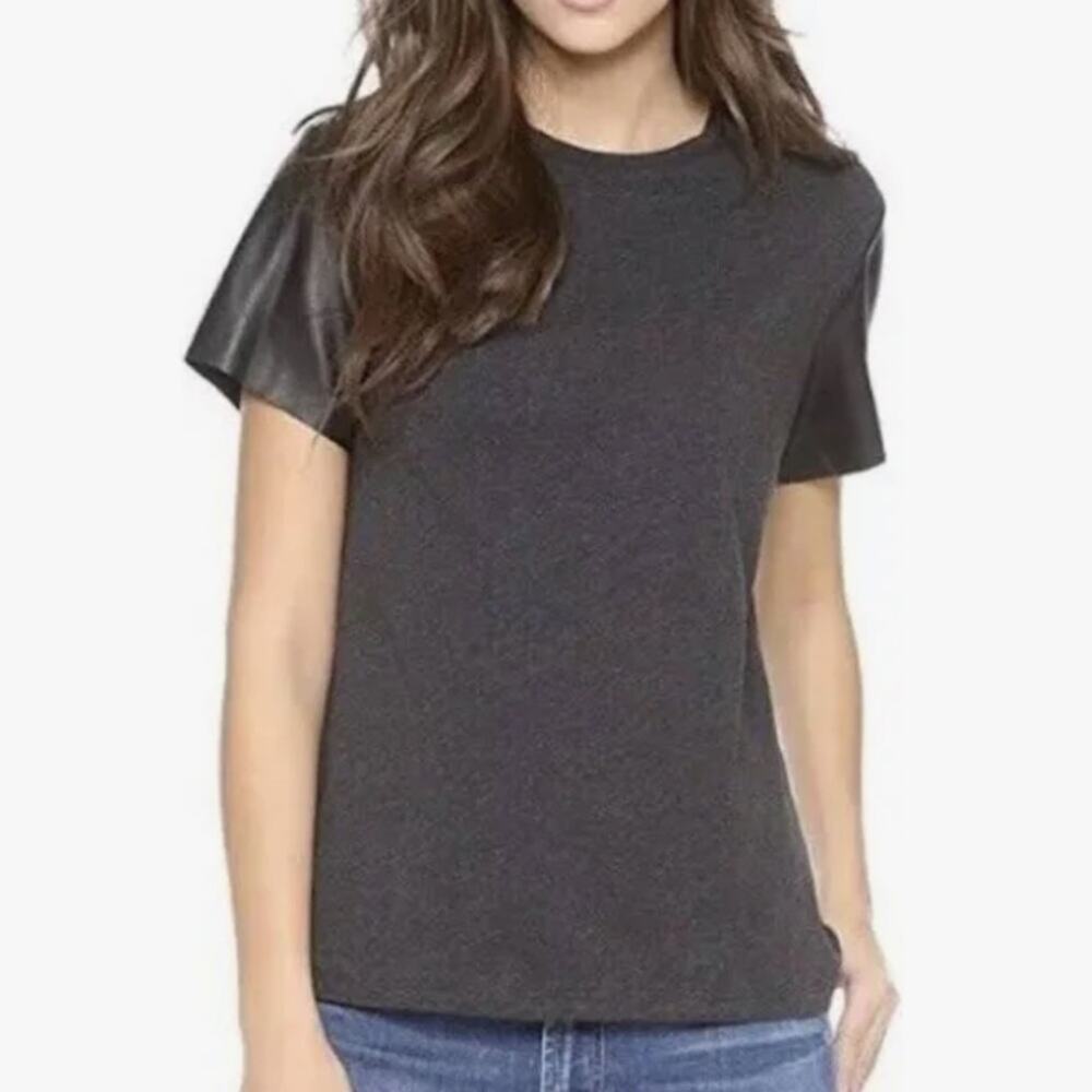 Vince Dark Grey Black Lamb Leather Short Sleeve Top